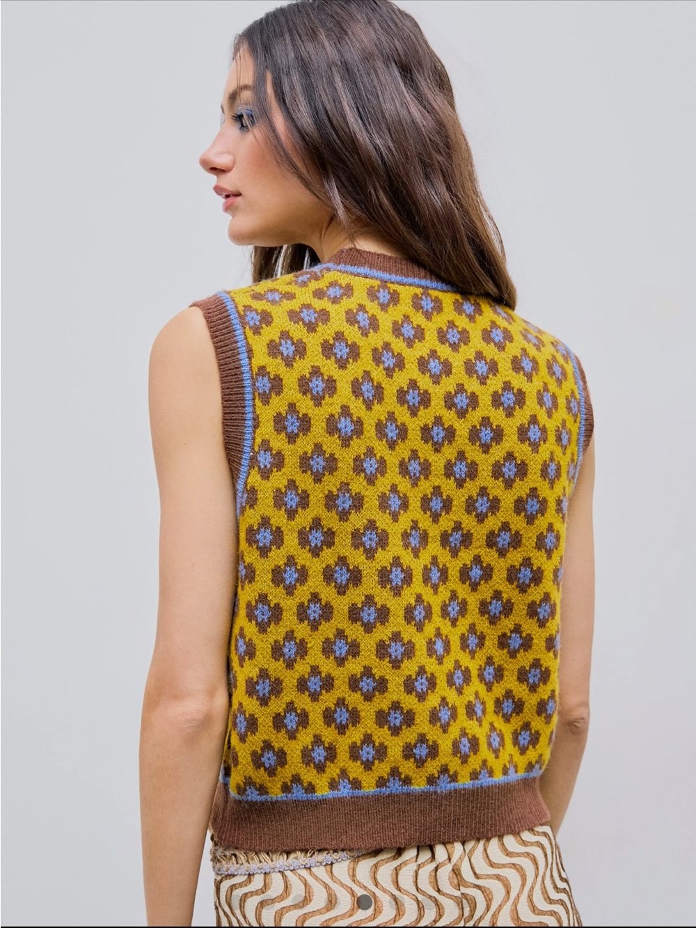 Cider Yellow Floral Knit Sweater Vest with Brown Trim - Picture 5 of 7